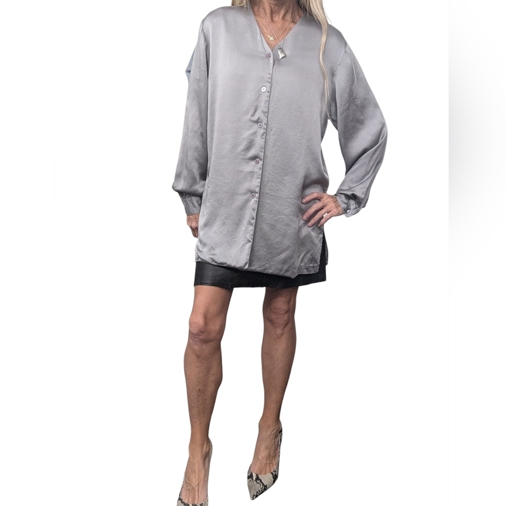 100% Silk Tunic Blouse Chaus Silver Gray Y2K Minimalist M
